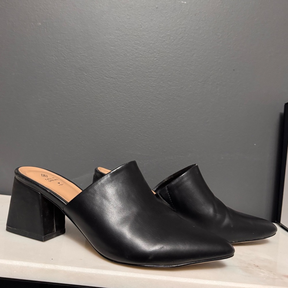 Spring Black Pointed Mule Block Heels - Picture 3 of 7